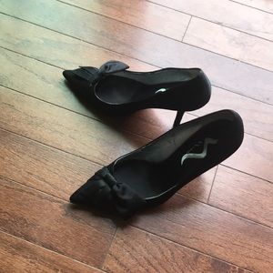 Nine Black Satin Pumps, Size 10